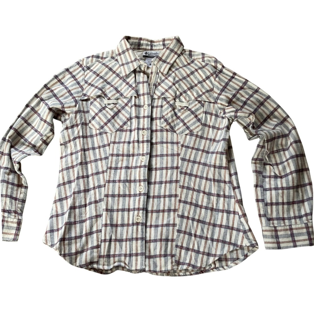 Columbia Womens L Plaid Long Sleeve Button Down Cotton Cream Red Western Shirt